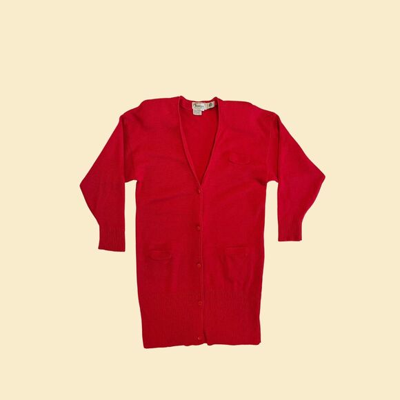 Vintage 80s red lambswool cardigan sweater, long fitting Spanner Imports size L - Picture 1 of 10